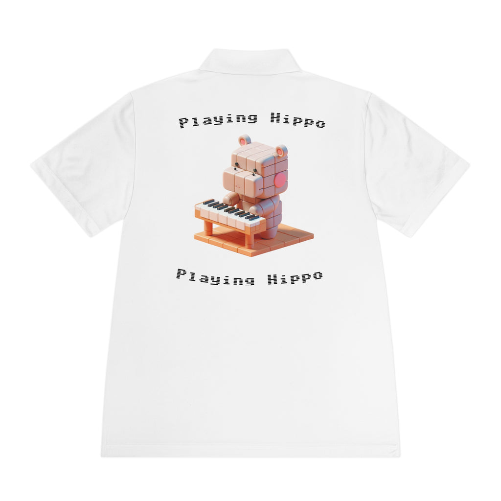 Men's Polo Shirt, Funny Animal Graphic Tee, Hippo Playing Piano, Music Lover Gift, Short Sleeve Button Up, Casual Golf Shirt
